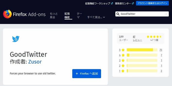 Firefox Add-on GoodTwitter インストール画面